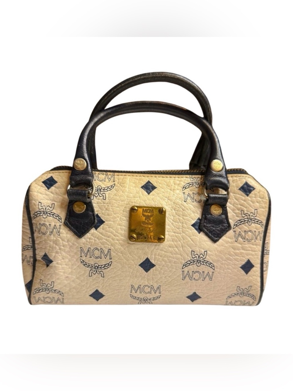 MCM Baby Cream and Navy Mini with Gold Accents